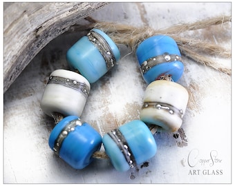 Turquoise Lampwork Beads: Handmade Artisan Barrels, Set of 6