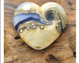 Lampwork Heart Bead, Single 30mm Glass Heart in Ivory with Blue, Grey or Violet, 'Rio Heart' Handmade Artisan Bead by Copperstone Art Glass
