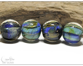 Lampwork Beads, Blue and Green 12mm Rounds Four Set, Gaia Seven Seas Handmade by Copperstone Art Glass