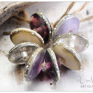 Handmade Glass Lampwork Beads, Lilac, Amethyst and Ivory Eight Set, Rio Pedra Discs by Copperstone Art Glass