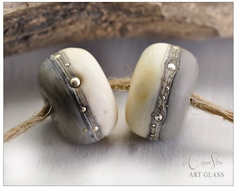 Lampwork Glass Rondelle Beads: Grey Ivory with Fine Silver