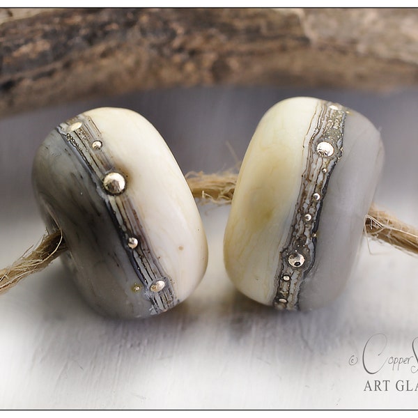 Lampwork Handmade Beads Grey and Ivory Lampwork Glass Rondelle Pair, Silver Coast Winter Artisan Beads by Copperstone Art Glass