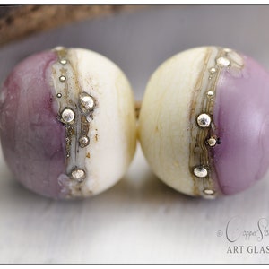 Handmade Glass Lampwork Beads; Lilac and Ivory 12mm Round Two Set with Fine Silver Detail, Silver Coast Heather by Copperstone