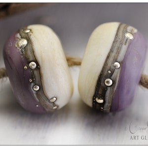 Lampwork Glass Handmade Beads Purple and Ivory Lampwork Glass Rondelle Pair, Silver Coast Heather Artisan Beads by Copperstone Art Glass