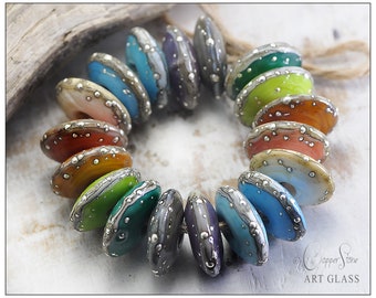 Lampwork Disc Beads, Eighteen 14mm Glass Discs in Nine Colours, 'Rio Pedra Silvered Discs' Artisan Beads Handmade by Copperstone Art Glass