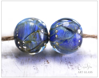 Lampwork Blue Round Beads, 12mm Glass Bead Pair with Fine Silver Detail, Elemental Abyss Handmade Artisan Beads by Copperstone Art Glass