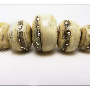 Handmade Beads in Ivory, Lampwork Bead Set, Doughnut Beads, Five Glass Beads , Silvered Rio Marble Handmade by Copperstone Art Glass