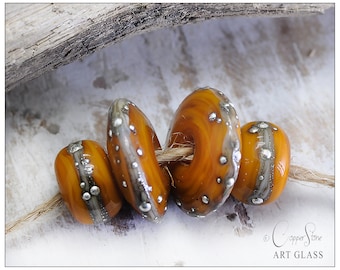 Yellow Lampwork Glass Beads: Silvered Discs and Rondelles Set