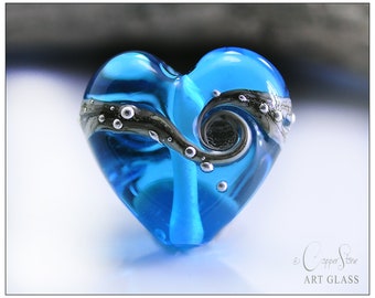 Lampwork Glass Bead, Turquoise Blue Heart Bead with Fine Silver Detail, Turquoise Ocean Wave Handmade by Copperstone Art Glass