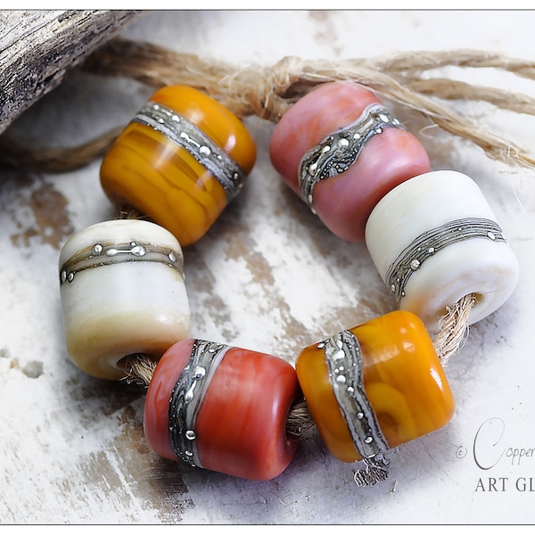 Ochre Yellow, Coral Red & Ivory Handmade Lampwork Beads, Six 9mm Barrels Beads, Rio Pedra Spice Trail Barrels by Copperstone Art Glass