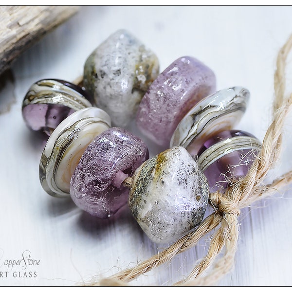 Lampwork Beads Amethyst Pink and Ivory Sea Foam Set, Eight Beads, Sea Foam Clear Handmade Artisan Beads by Copperstone Art Glass