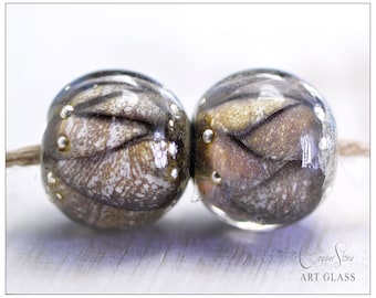 Lampwork Glass Beads: Dark Ivory Round Beads with Fine Silver