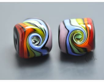 Rainbow Twist Lampwork Beads: Artisan Glass Cylinders, 14mm (Set of 2)