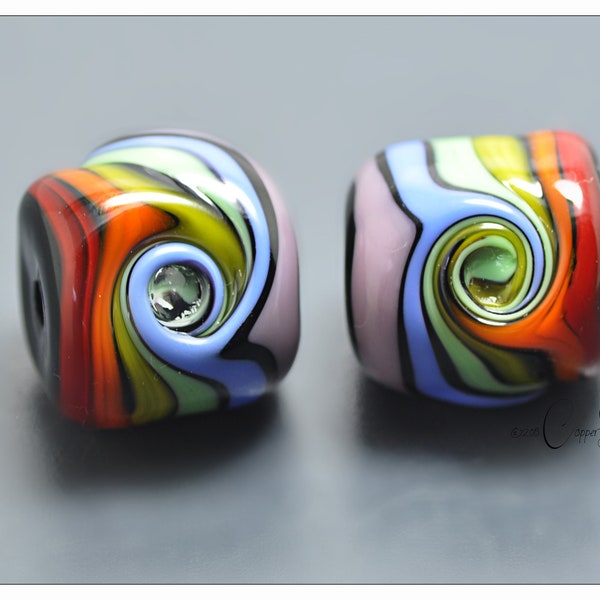 Rainbow Lampwork Beads, Two 14mm Barrel Glass Beads, 'Rainbow Twist' Artisan Beads Handmade by Copperstone Art Glass