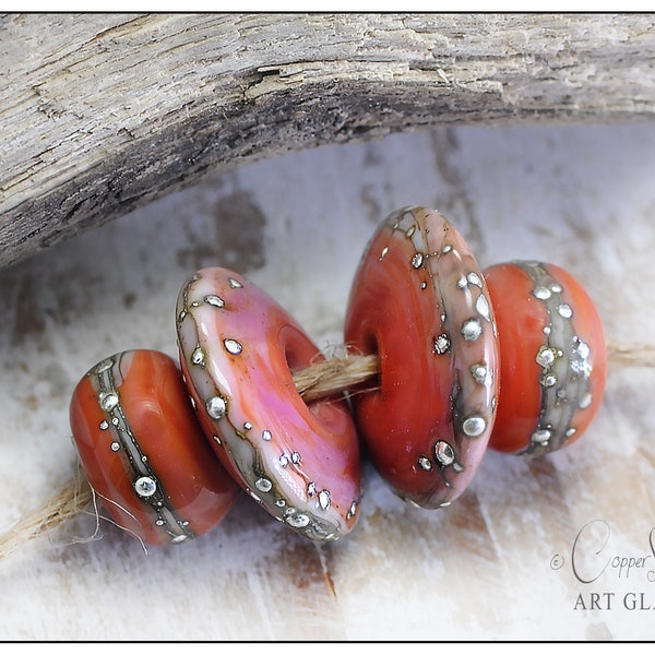 Coral Red Handmade Lampwork Beads, Two 14mm Discs and Two 10mm Rondelles, Rio Pedra Coral Silvered Disc Set by Copperstone Art Glass