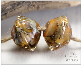 Lampwork Handmade Beads, Yellow Ochre Bicone Glass Bead Pair with Fine Silver Detail, Elemental Ochre by Copperstone Art Glass