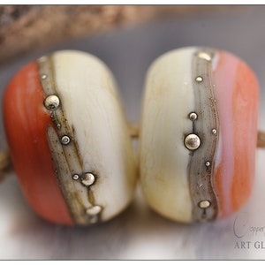 Lampwork Glass Handmade Beads Coral Red and Ivory Lampwork Rondelle Pair, Silver Coast Coral Artisan Beads by Copperstone Art Glass