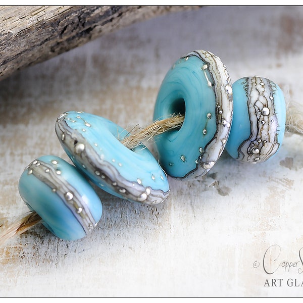 Turquoise Blue Handmade Lampwork Beads, Two 14mm Discs & Two 10mm Rondelles, Rio Pedra Light Turquoise Discs by Copperstone Art Glass