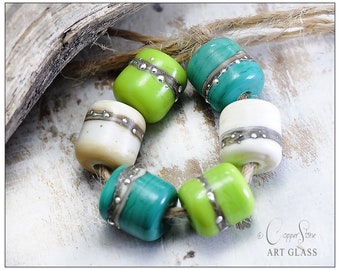 Lime Green, Teal and Ivory Handmade Lampwork Beads, Six 9mm Barrels Beads, Rio Pedra Go Green Barrels Artisan Beads by Copperstone Art Glass