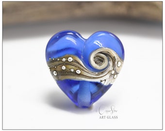 Lampwork Glass Bead, Blue Heart Bead with Fine Silver Detail, Blue Ocean Wave Handmade by Copperstone Art Glass