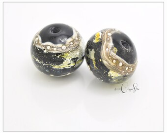 Lampwork Galaxy Glass Beads: Black & Foil Artisan Pair (12mm)