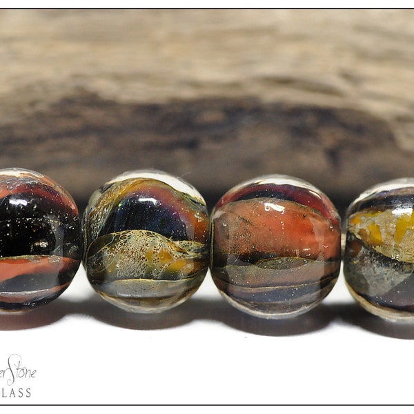 Lampwork Beads, Black, Red and Yellow Ochre 12mm Rounds Four Set, Gaia Evenfall Handmade by Copperstone Art Glass