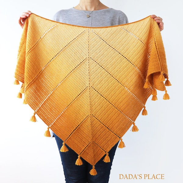 CROCHET PATTERN: Al Amal Shawl/Triangle Crochet Shawl/Yellow Shawl/Shawl With Tassels/Boho Style Crochet Shawl/Crochet Wrap/Crochet Scarf