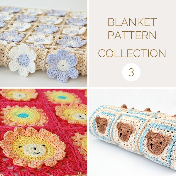 CROCHET BLANKET PATTERN Collection 3/Teddy Bear Blanket/Lion Afghan/Animal Crochet Baby Blanket/Granny Square Blanket/3D Crochet Blanket