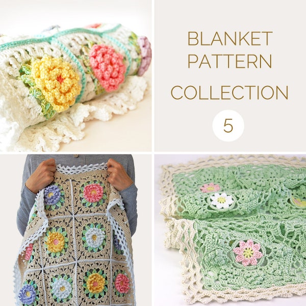 CROCHET BLANKET PATTERN Collection 5: Flower Granny Square Blanket/Crochet Baby Blanket/Floral Afghan/Popcorn Stitch Blanket Pattern