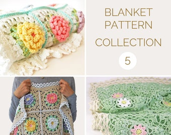 CROCHET BLANKET PATTERN Collection 5: Flower Granny Square Blanket/Crochet Baby Blanket/Floral Afghan/Popcorn Stitch Blanket Pattern