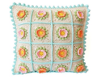 CROCHET PATTERN: Granny Square Cushion/Modern Crochet Pillow pdf Pattern/Step-by-step Tutorial/Floral Crochet Cushion/Flower Crochet Pillow