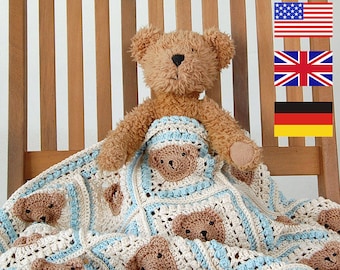 CROCHET PATTERN: Teddy Bear Baby Blanket/Step-by-step tutorial/Häkelanleitung/Animal Afghan/Granny Square Blanket/Modern Crochet Blanket