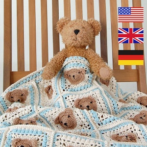 CROCHET PATTERN: Teddy Bear Baby Blanket/Step-by-step tutorial/Häkelanleitung/Animal Afghan/Granny Square Blanket/Modern Crochet Blanket image 1