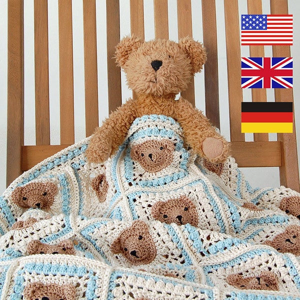 CROCHET PATTERN: Teddy Bear Baby Blanket/Step-by-step tutorial/Häkelanleitung/Animal Afghan/Granny Square Blanket/Modern Crochet Blanket