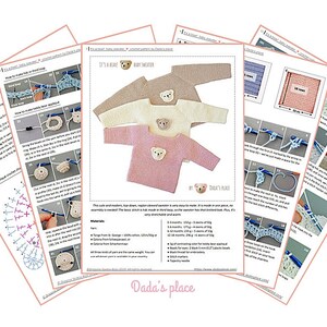 May include: A crochet pattern for a baby sweater with a bear applique. The pattern includes instructions for making the sweater and the bear, as well as a list of materials needed. The pattern is titled "It's a Bear! Baby Sweater" and is by "Dada's Place".