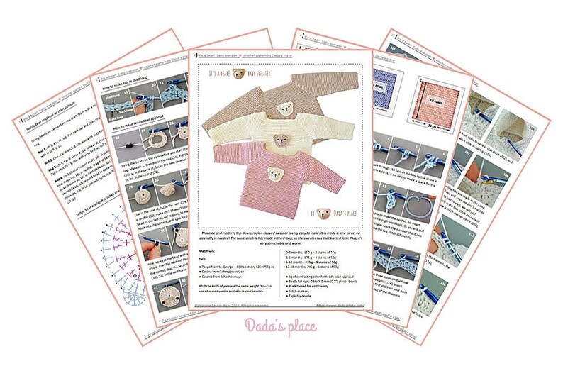 May include: A crochet pattern for a baby sweater with a bear applique. The pattern includes instructions for making the sweater and the bear, as well as a list of materials needed. The pattern is titled "It's a Bear! Baby Sweater" and is by "Dada's Place".
