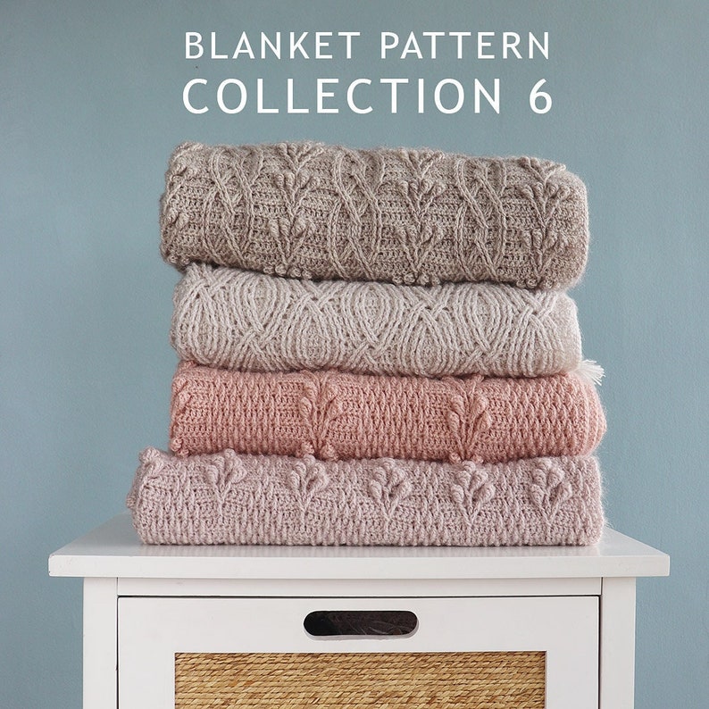 May include: Four folded blankets in shades of beige, light tan, dusty rose, and pale pink, stacked on a white table. The blankets have a textured pattern. The text "BLANKET PATTERN COLLECTION 6" is visible. The background is a light blue.