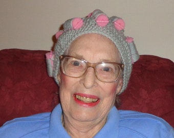 Curler hat, Little old lady hat, Gag gift, Wig hat, chemo hat, costume hat, Beanie, Stocking cap, Chemo gift, Funny hat, Halloween hat