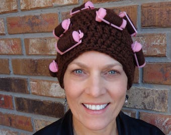 Curler hat, Brown hat, Gag gift, funny hat, wig, chemo hat, old lady hat, costume hat, Stocking cap, Beanie, Skull cap