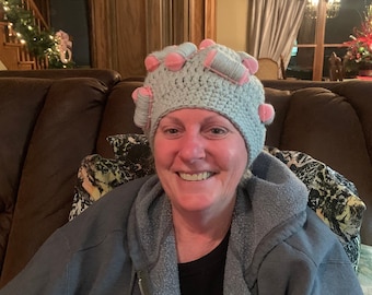 Curler hat, gray hair hat, Gag hat, wig hat, chemo hat, costume hat, Beanie, Stocking cap, Little old lady hat, Warm winter hat, Chemo gift.