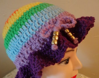 Rainbow colors hat, ruffle brim, wig, chemo hat, costume, Photo prop, Beanie, Stocking cap, Winter, Ear warmer