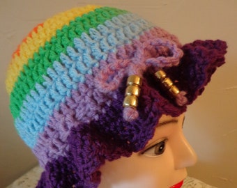 Rainbow colors hat, ruffle brim, wig, chemo hat, costume, Photo prop, Beanie, Stocking cap, Winter, Warm