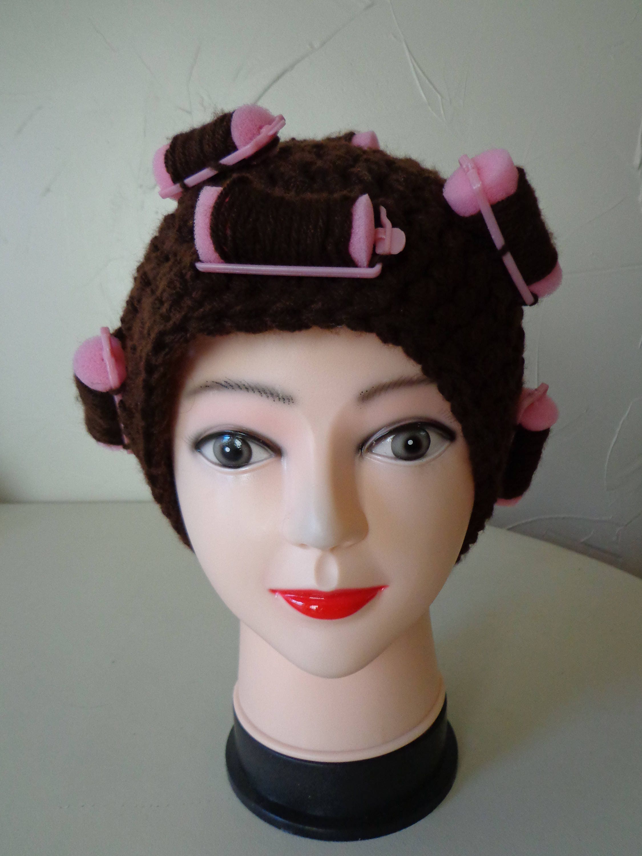 Curler Hat, Brown Hat, Gag Gift, Funny Hat, Wig, Chemo Hat, Old Lady