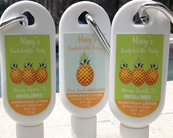 Personalized Bachelorette Party Sunscreen Favor 1oz 2oz SPF 30 Pineapple Theme Bachelorette Favor Wedding Sunscreen Custom Sunscreen Label