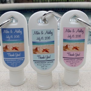 Personalized Wedding Sunscreen Favors: SPF30, Beach Theme with Clip
