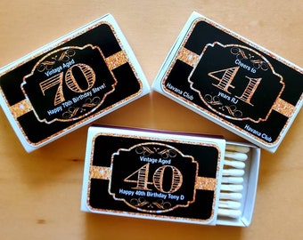 Personalized Vintage Matchboxes: Birthday Party Favors, custom labels matches, milestone birthday event matchbox