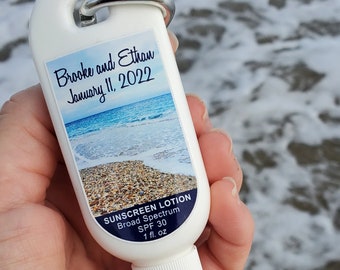 Personalized Wedding Sunscreen Favor SPF30 1oz 2oz Clip Beach Ocean Theme Wedding Custom Destination Beach Sunscreen  Custom Sunscreen Label