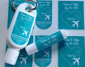 Personalized Destination Wedding Favors SPF30 Clip Sunscreen & Lip Balm Set, Airplane Travel Theme  Sunscreen