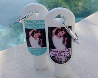 Personalized Bachelorette Party Sunscreen Favors: SPF 30, Carabiner Clip, Custom Wedding Party Gift