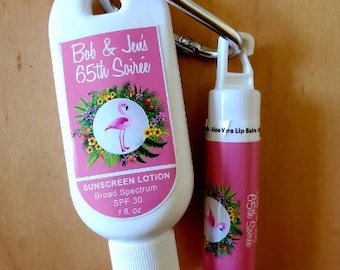 Personalized Pink Flamingo SPF30 Clip Sunscreen SPF15 Lip Balm Favors Set Party Favors Custom Waterproof Labels